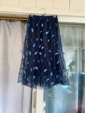 Chicwish Navy Midi Skirt with Blue Petal Details